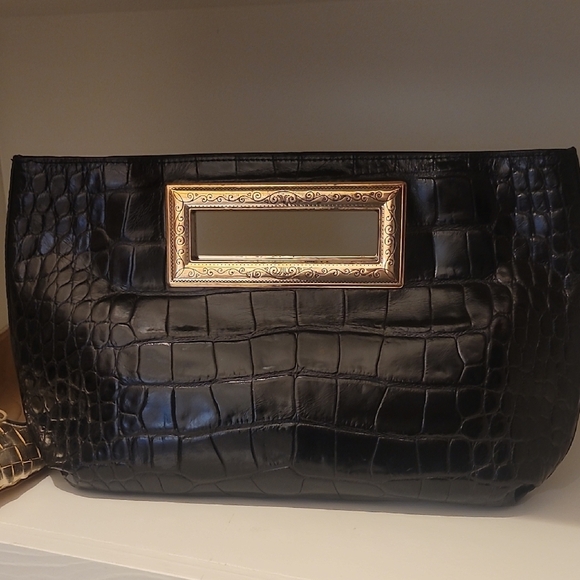 Brighton Handbags - Brighton Black Croc-Embossed Clutch with Gold Frame